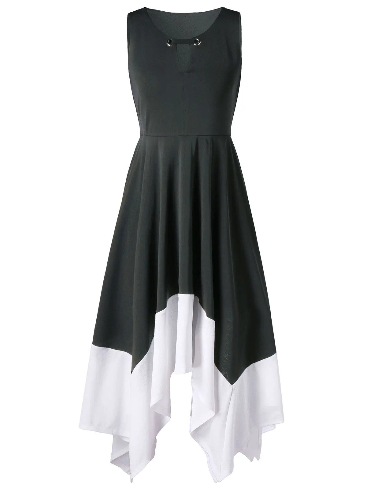 VESTLINDA Keyhole Neck Color Block White Black Handkerchief Dress Summer 2018 Asymmetrical Midi Ves