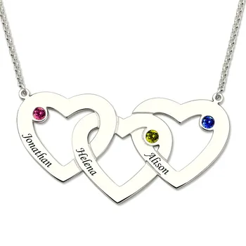 

Custom Name Letter Necklace Women Silver Three Intertwined Hearts Birthstones Necklaces 3 Love Heart Pendants Chain Gift for Mom