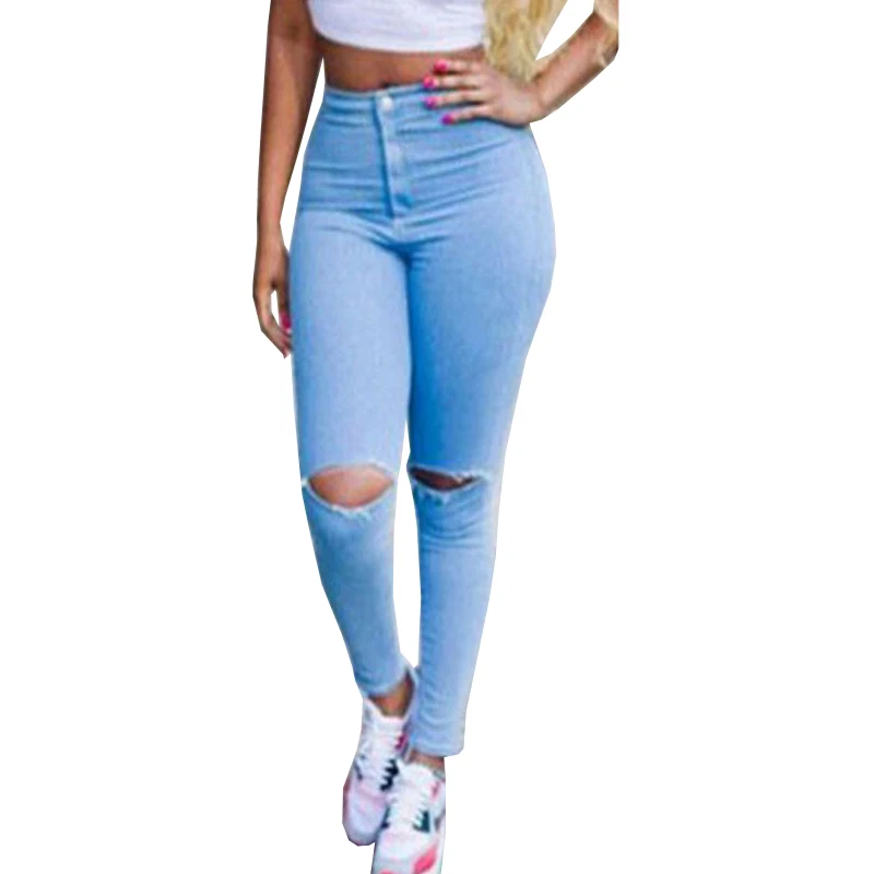 

New Ripped Jeans For Women 2017 Jeans High Waist Women Knee Hole Pencil Pants Package Hip Pantalon Femme Plus Size Trousers FL63