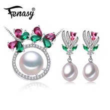 FENASY рубиновый 925 пробы, серебряные жемчужные Ювелирные наборы для женщин, натуральные серьги-гвоздики, цепочка, кулон, ожерелье, набор обручальных колец