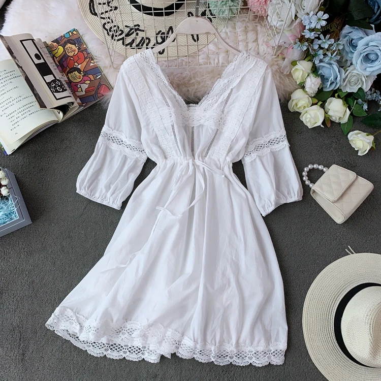 

Women V-collared Cut Out Beach White Dress Lady Half Sleeve White Elegant Vestidos F894