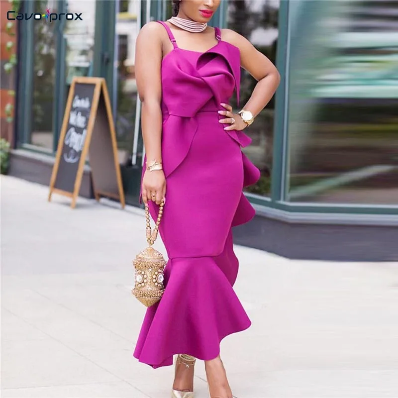 

Women Sexy Slim Asymmetric Dress Ruffles Fishtail Dress Rose Red Sleeveless Spaghetti Strap Sheath Mid-Calf Party Dress