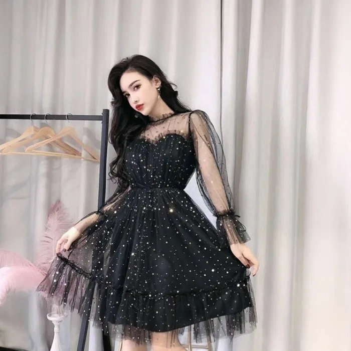 

New women Star sequins gauze flare sleeve high waistline Princess dress female