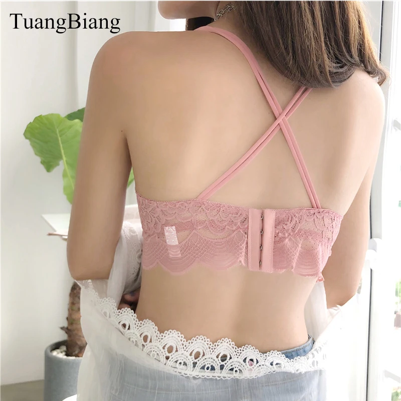 TuangBiang 2018 Sexy Patchwork Tube Top Women Crop Tops Pink Bandeau Lace Wrap Tank Top Autumn Cross strap Seamless Tees Shirts