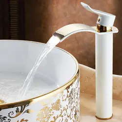 Новые поступления золотой и белый цвет водопад кран Высокий Ванная кран ванная раковина смеситель кран с горячей и холодной раковиной кран