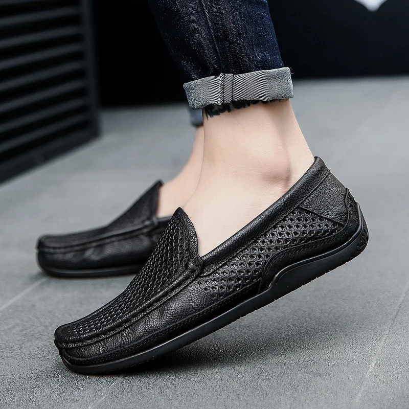 

Italian style Summer Hollow Shoes outdoor breathable Men Casual Luxury Brand Genuine Leather Loafers Men Shoes Slip On Moccasins