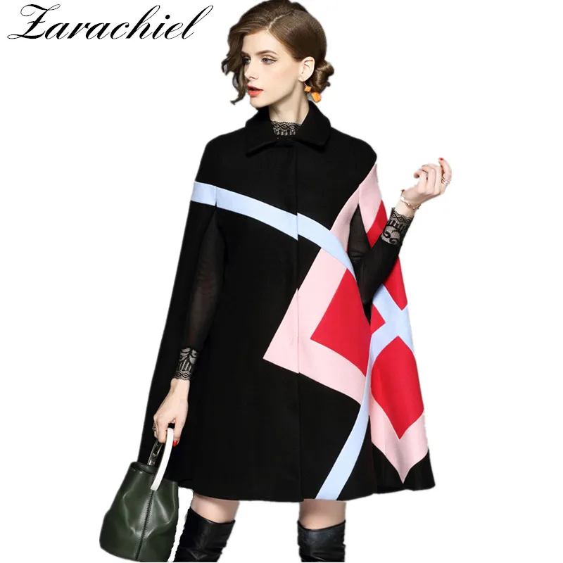 D'hiver Ponchos Survêtement Motif Manches Veste Noir Nouvelle De Laine Chauve Géométrique marine Chaud Mélanges 2018 Femmes souris Bleu Mode Cape Manteau wTc6BqI6