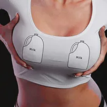 Women Crew Neck Crop Top Milk Printed Micro Big Cup Nipple Sexy Funny Fancy T-shirt Sexy Stretch Cotton Blend 2017 Summer