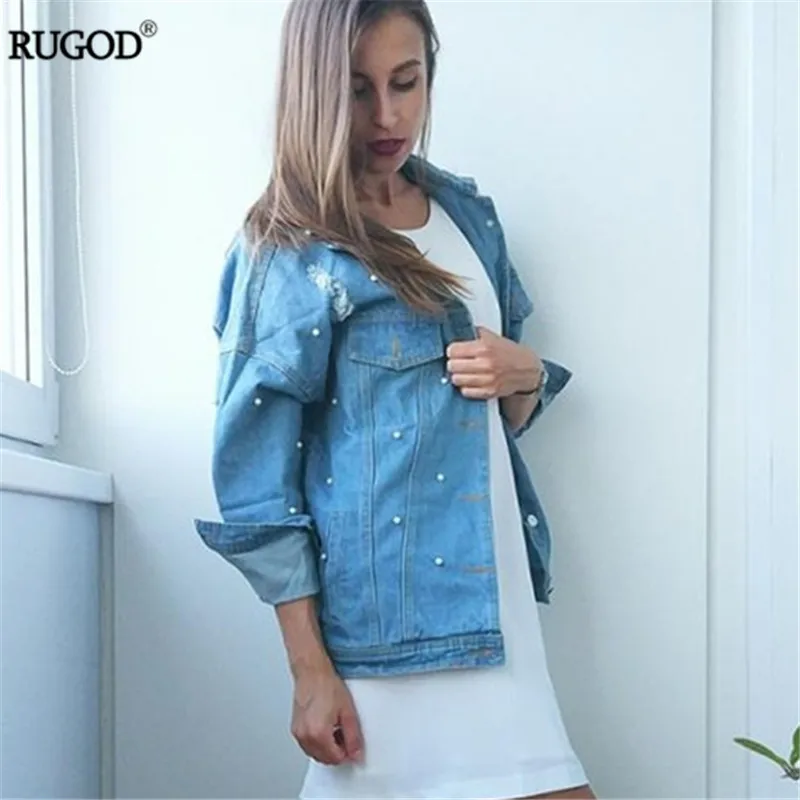 RUGOD 2018 Spring Pearls Beading Ripped Denim Jacket Women Vintage Single Breasted Long Sleeve Jean Jackets and Coats Plus Size