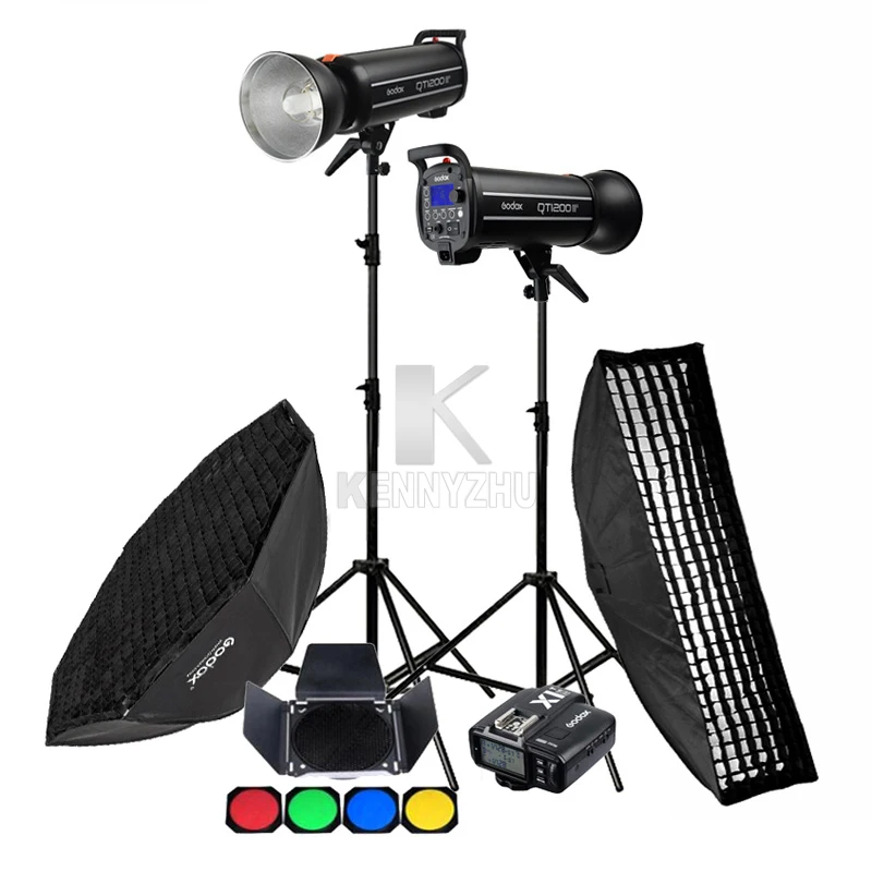 2x Godox QT1200II M 1200WS GN102 HSS 1/8000s 2 4G студийное освещение Flash Light Strobe Kit + 35x16 0cm/140cm Grid soфтbox 8 m