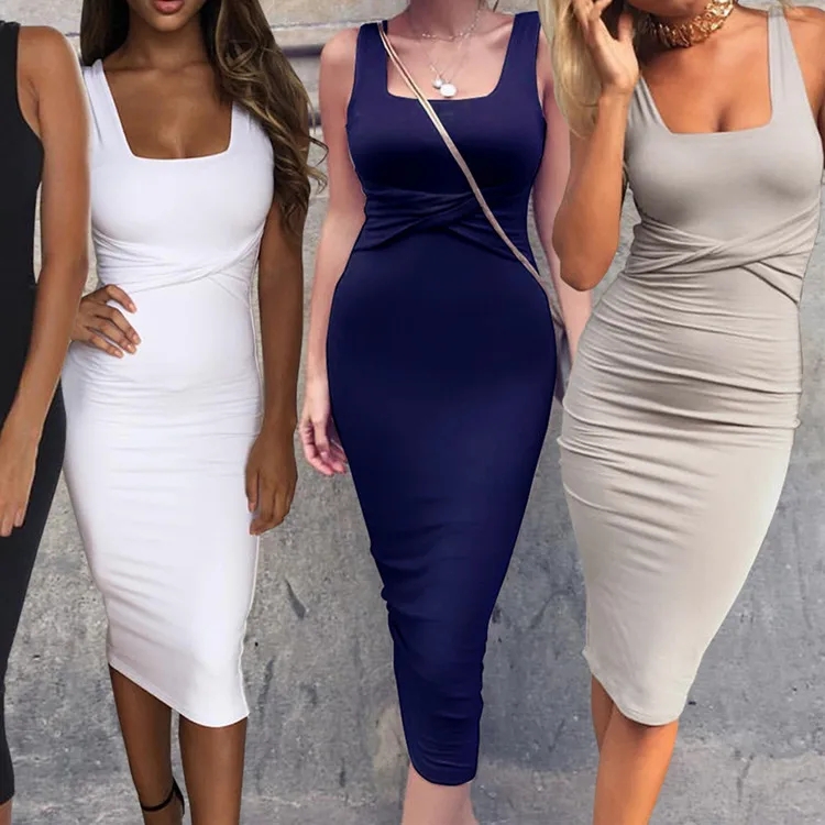 

High Quality Cheap Price Square Neck Sleeveless Crossed Waist Slim Bodycon Dress Sexy Nightclub Pencil Dress Vestidos Robe 2019
