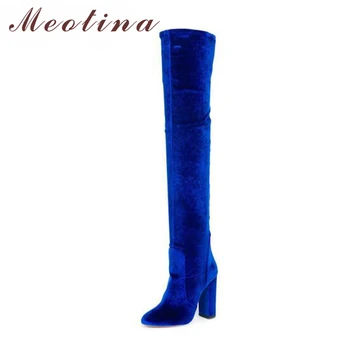 

Meotina Over Knee Boots Women Winter Boots Velvet High Heel Thigh High Boots Autumn Zipper Fashion Ladies Stretch Shoe Blue Red