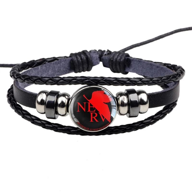 

Fashion Accessories Neon Genesis Evangelion Red Leaf Logo Glass Dome Black Leather Woven Bracelet Anime Jewelry Cosplay Gift