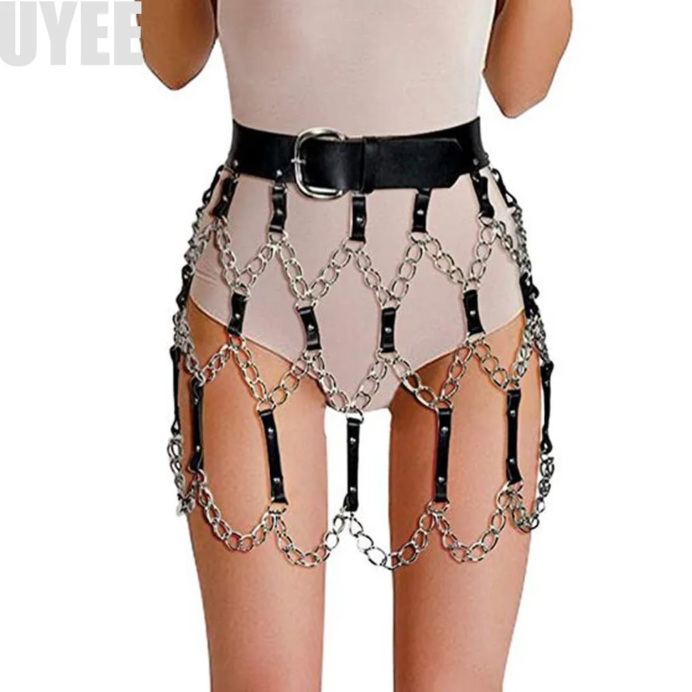 

UYEE 2018 New Sexy Pub Female Leather Skirt Belts Punk Gothic Rock Harness Waist With Chain Body Bondage Hollow Belt LD-014