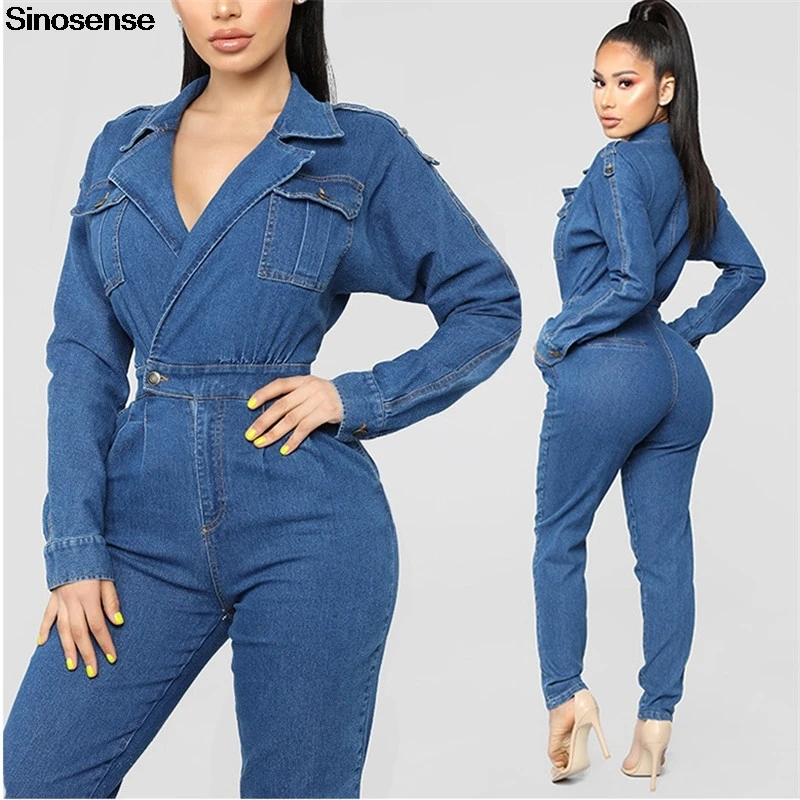 

Women Denim Jumpsuit 2019 Long Sleeve Zipper Button Jeans Rompers Female Sexy V Neck Denim Overalls Jumpsuis With Pockets