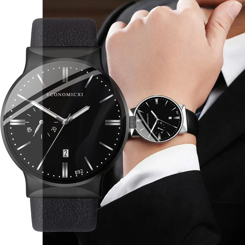 

ECONOMICXI Brand Mens Watch Analog Quartz Casual Business Male Leather Strap WristWatch Clock Relogio Masculino Fashion Gift