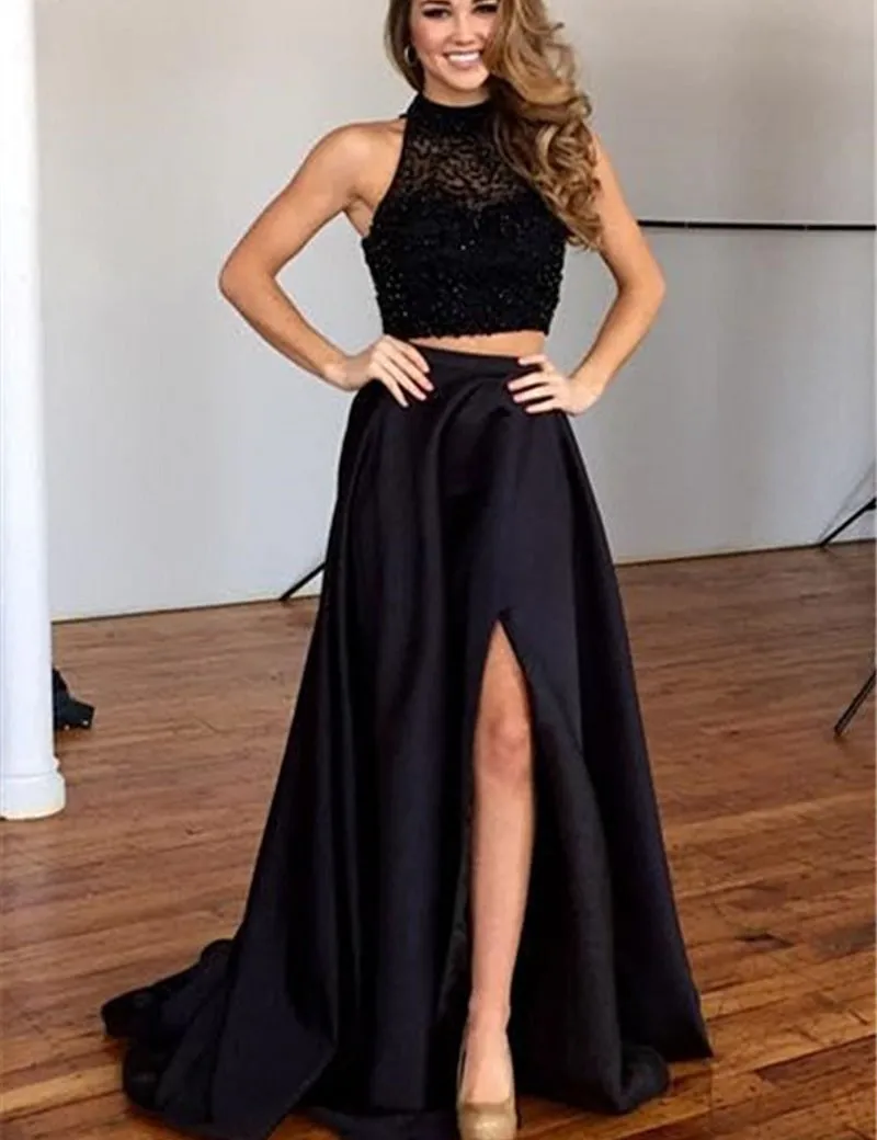 2017 New Black Two Pieces A line Prom Dresses Halter Beaded Top Satin ...