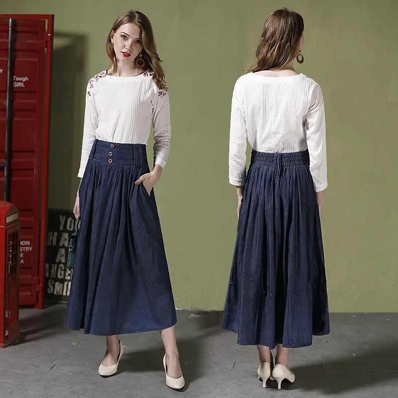 Free Shipping 2022 New Fashion Long Maxi Plus Size S-5XL A-line Denim Skirt Elastic High Waist Summer And Autumn Skirts