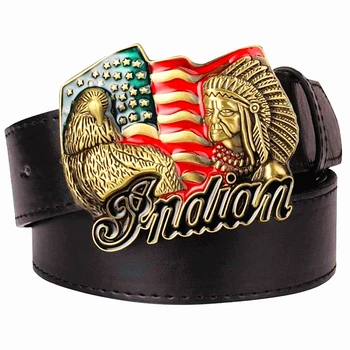 

Men's leather belt metal buckle American flag retro big head Indian chief western style belt hip hop Street Dance belt