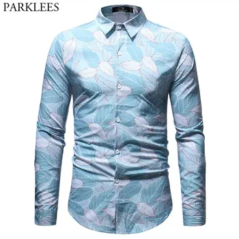 

Leaves Print Fashion Shirt Men 2018 Spring Autumn Slim Fit Long Sleeve Mens Dress Shirts Casual Holiday Party Chemsie Homme 3XL