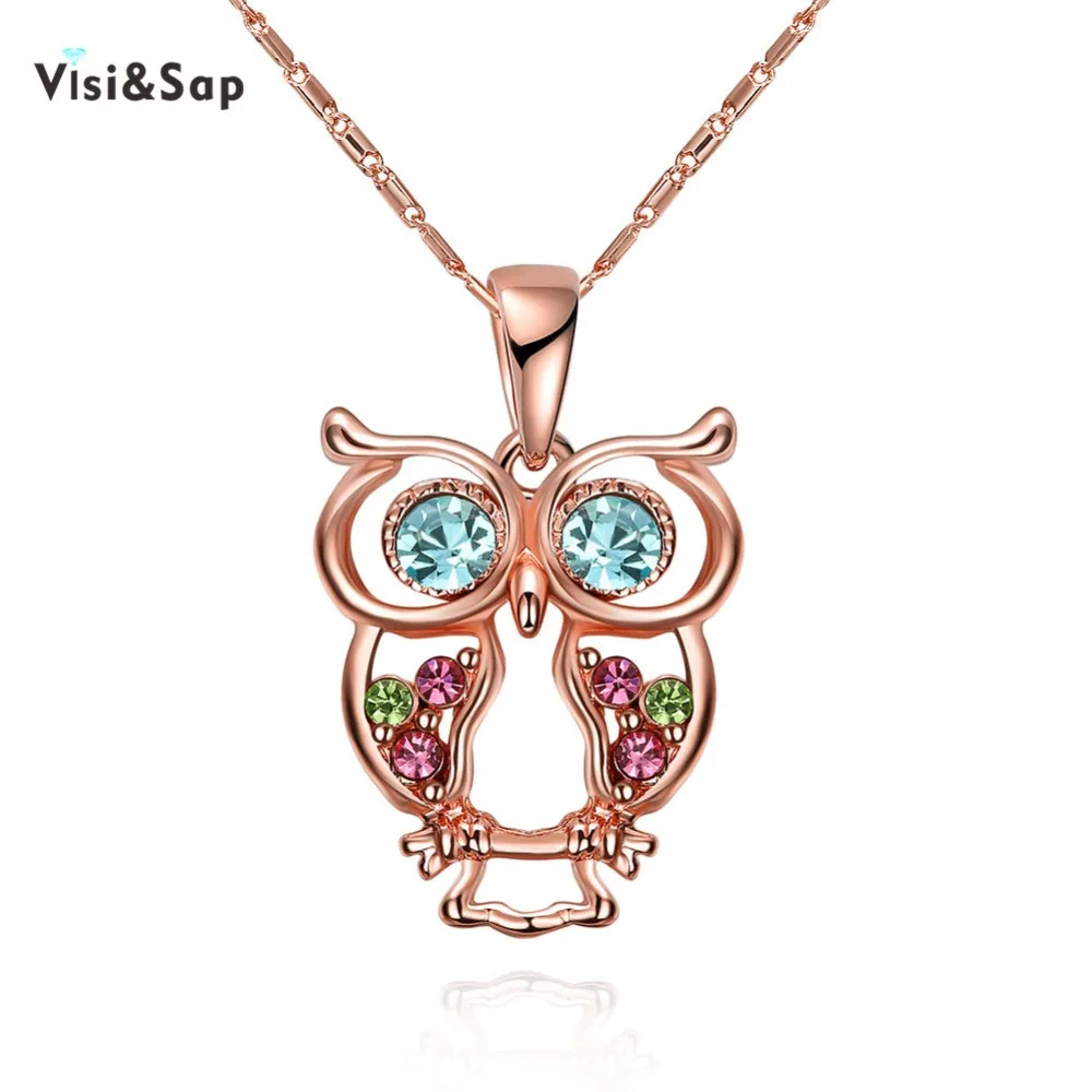 

Visisap Blue Crystal Eyes Owl Necklaces For Women Rose Gold Color Female Animal Necklace Link Chains Pendants Jewelry VAKN061