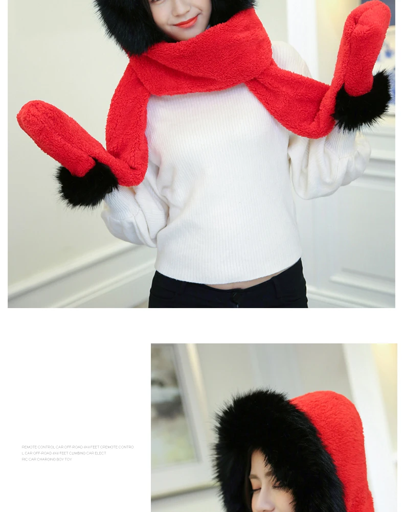 New Korean Version Of The Bib Hat Thick Warm Scarf Hat Gloves Three Pieces One Large Fur Collar Three-Piece Set For Women SN53 (6)