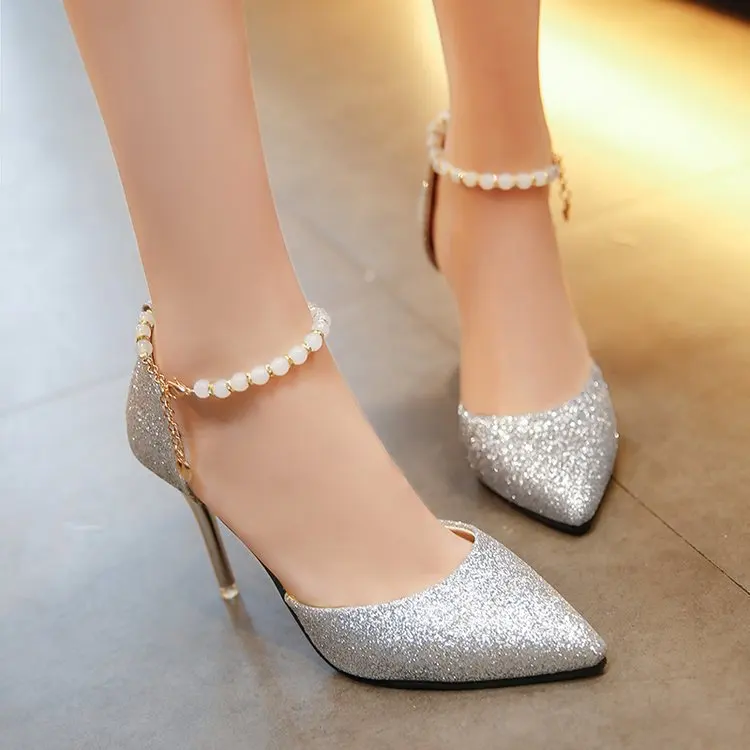 

2019 Spring Autumn Sexy Black Gold Silver High Heels Shoes Fashion Luxury Rhinestone Party String Bead women shoes ghn7