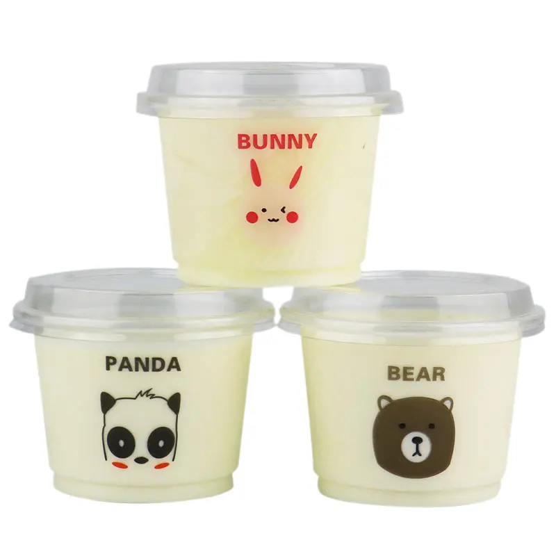 

50pcs Creative cartoon disposable pudding cup 250ml party favor transparent plastic cup yogurt ice cream packaging cups with lid