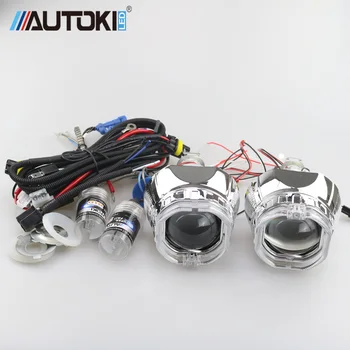 

Free Shipping AUTOKI 2016 2.5inch Bi-xenon projector lens with square led light guide LED DRL Angel Eyes Full Kit