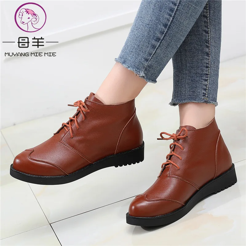 

MUYANG Women Boots Fashion Autumn winter Ankle Boots Genuine Leather Platform Flat Woman Shoes Plus Size 34- 44 Boots For Women