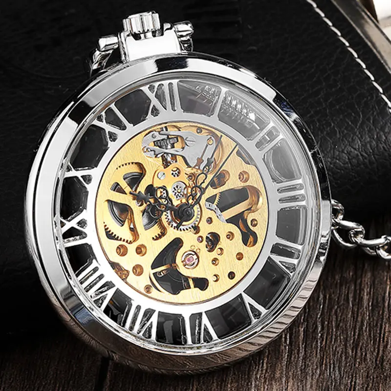 Ровная поверхность прозрачный стимпанк Механические карманные часы Для Мужчин Скелет Серебряный Брелок часы ручной ветра для Мужчины