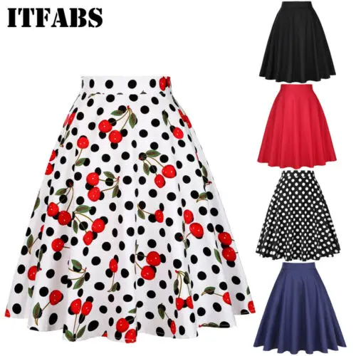 

US Women Summer High Waist Belted Flared Plain Vintage A-line Loose Skirt Sundress Pure Color Wave Dot Cherry Skirt S-XXL