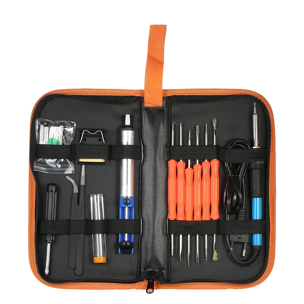 

18pcs 60W 220V Adjustable Temperature Soldering Iron Tools Kit Desoldering Pump Iron Stand Solder Tips + Storage Bag EU /US Plug