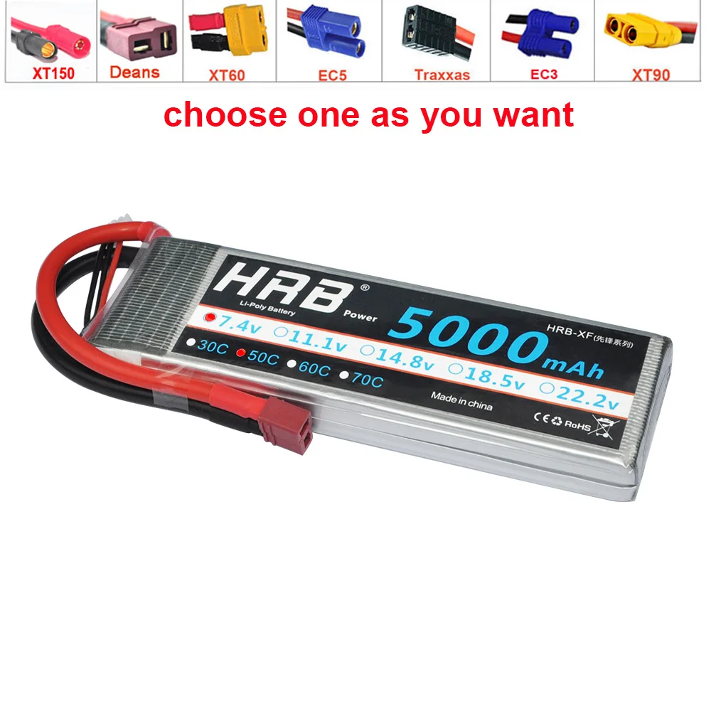 

HRB RC Lipo 2S 3S 4S 5S 6S 5000mAh 7.4V 11.1v 14.8V 18.5V 22.2V 50C MAX 100C RC LiPo Battery For Remote Control Model Quadcopter