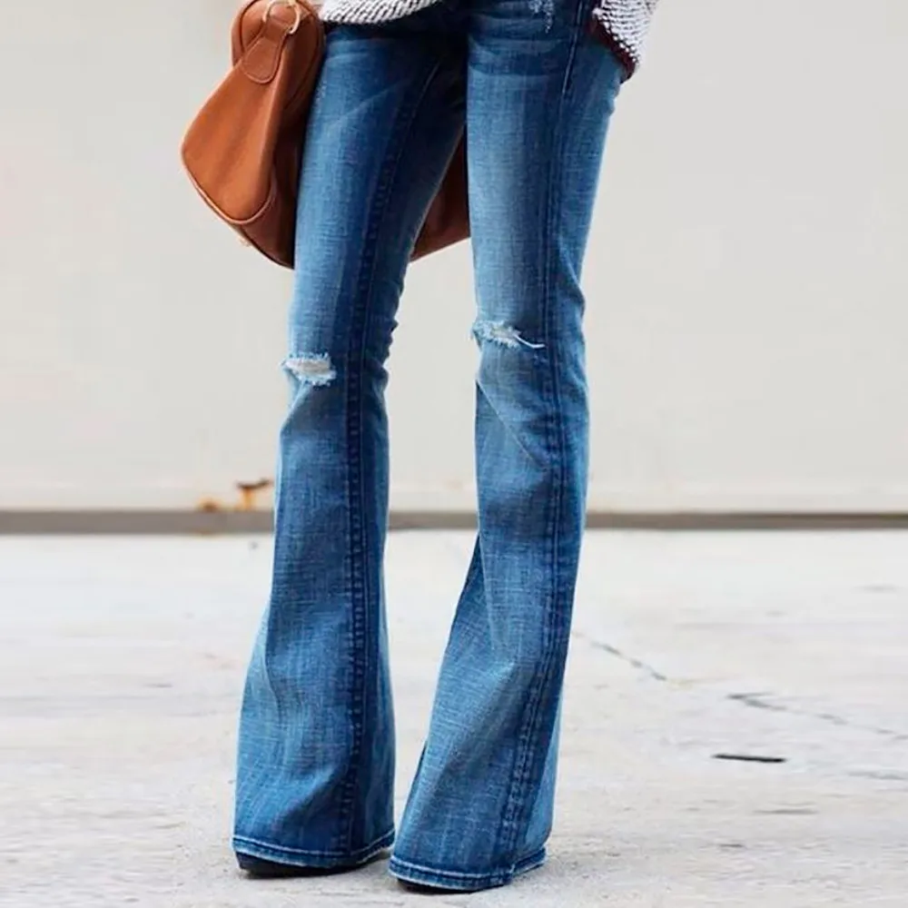 

fashion women summer high waist shorts casual slim Denim Hole Female Mid Waist Stretch Slim Flare Pants Z402