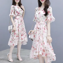 Новинка, летнее женское платье, повседневные, вечерние, сексуальные, v-образный вырез, высокая талия, оборки, шифоновые платья, элегантные, для девушек, цветочные, Vestidos