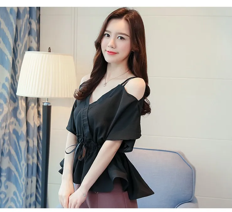 2018 Women Tops Summer Sexy Off Shoulder Blouse Ladies V-neck Short Sleeve Peplum Tops White Shirt Femme Chiffon Blusas Mujer  (11)