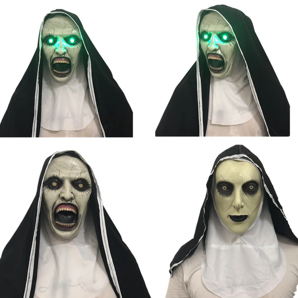 

The Nun Mask Horror Mask With Scary Voice With Led light Cosplay Valak Latex Masks With Headscarf Helmet Halloween Party Props