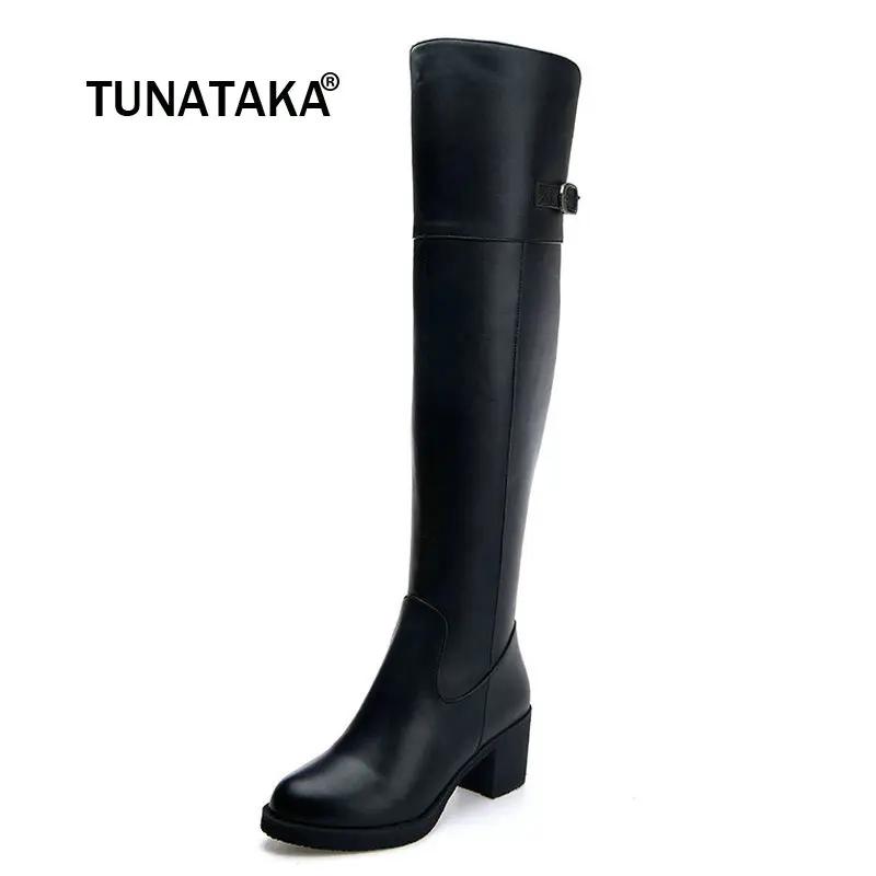 

Women Genuine Leather Fashion Buckle Side Zipper Knee High Boots Comfortable Low Heel Winter Shoes Black