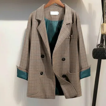 

Chic Loose Plaid Suit Jacket Woman Checked Blazers OL Coat Spring Autumn Retro Lattice Cardigan Double-breasted 2019 Tops