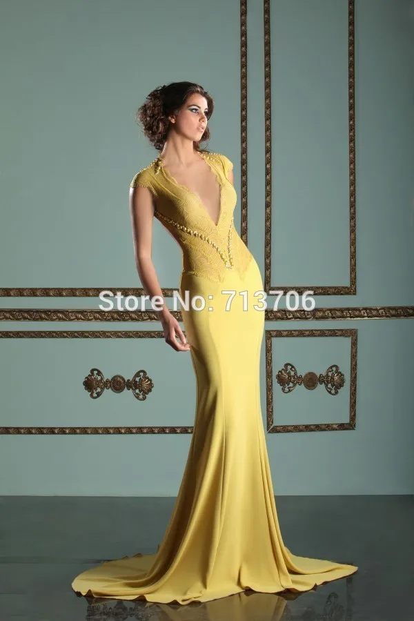 SML600 Vestido de noche Yellow Cap sleeve Beaded Lace decoration mermaid long evening dresses 2015 | Свадьбы и торжества