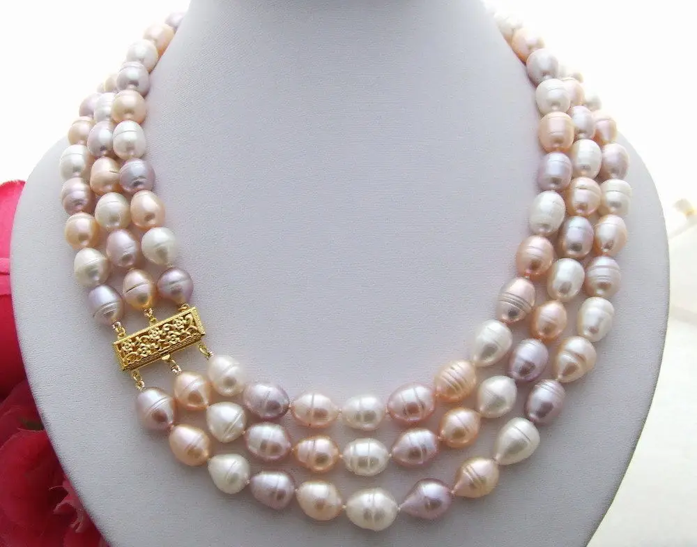 

FREE SHIPPING HOT sell new Style >>>> 3 strds natural multi colors rice Necklace