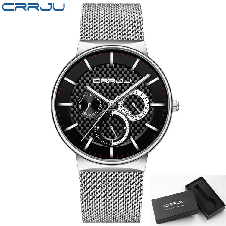 Модные Бизнес Календарь часы для мужчин Топ бренд CRRJU часы 24 часа часы мужские повседневные наручные часы с нержавеющей стали - Цвет: silver black