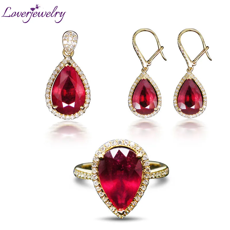 

Fantastic Natural Diamond Red Ruby Ring Earrings Pendant in 14K Yellow Gold