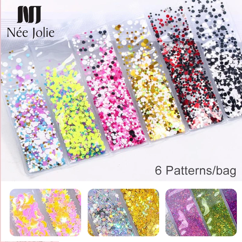 

Mixed Patterns Holographic Glitter Shining Powder Nail Sequins Multi-size Colorful Flakes Design 3D Nail Art Decoration