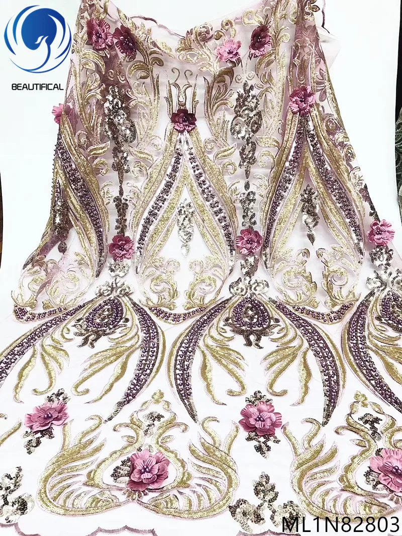 

BEAUTIFICAL african lace fabrics New arrival 3d flowers lace embroidery beads fabric for dress french lace sequins ML1N828