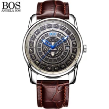 ANGELA BOS Retro 3D Mayan Calendar Dial Stainless Steel Automatic Mechanical Watch Men Luminous Mens Watches