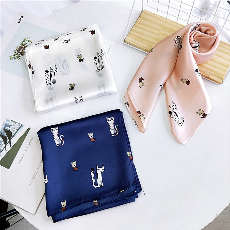 

14Designs Cat Print Bandana Square Scarf for Ladies Fashion Accessoires Silk-like Hair Handkerchief Women's Bag Scarf 70cm