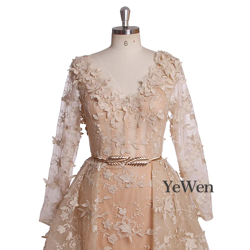 YeWen Muslim Evening dress Long Sleeves Lace Evening Dresses 2019 New Flowers Lace Appliques V-Neck Pearls Fashion Prom Gowns YeWen Muslim Evening dress Long Sleeves Lace Evening Dresses 2019 New Flowers Lace Appliques V-Neck Pearls Fashion Prom Gowns