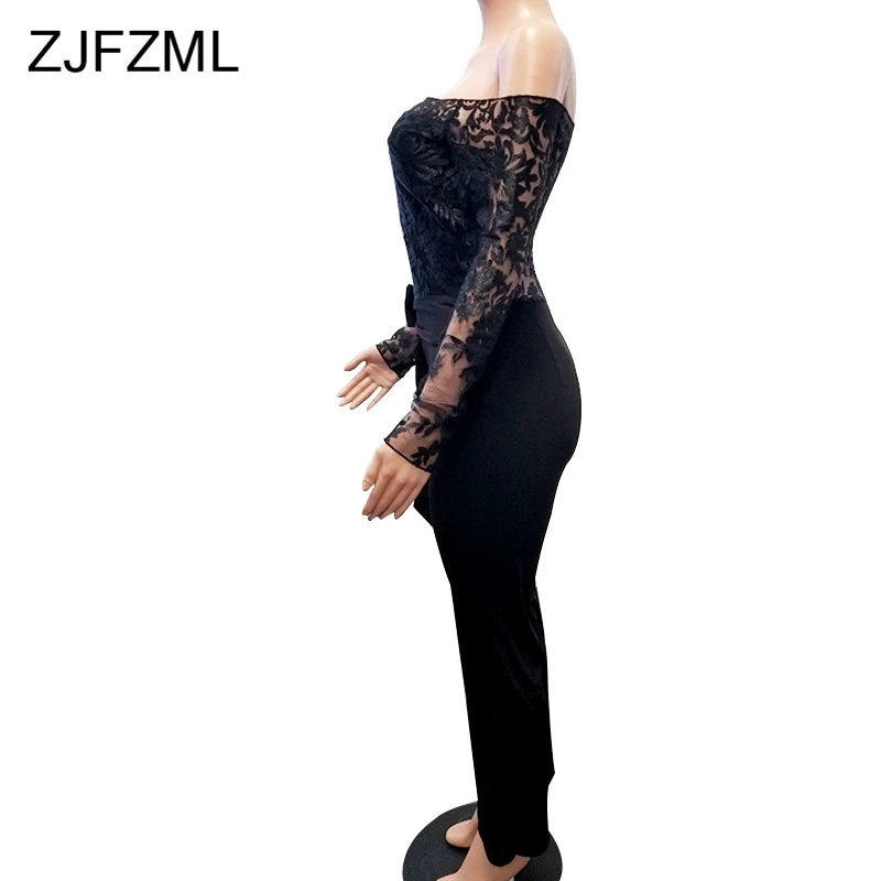 ZJFZML Long Sleeve Off Shoulder Lace Patchwork Sexy Jumpsuits with Belt Autumn Bodycon Romper Women Club Causal Long Overalls 